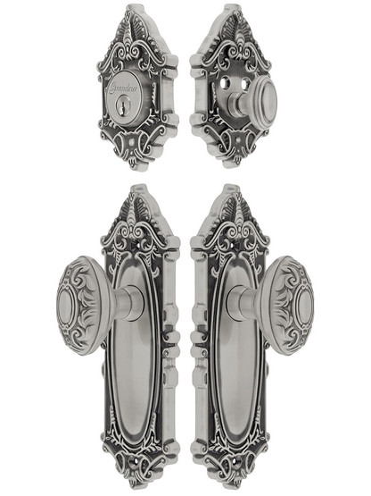 Grandeur Grande Victorian Entrance Door Set, Keyed Alike with Decorative Oval Knobs in Antique Pewter.
